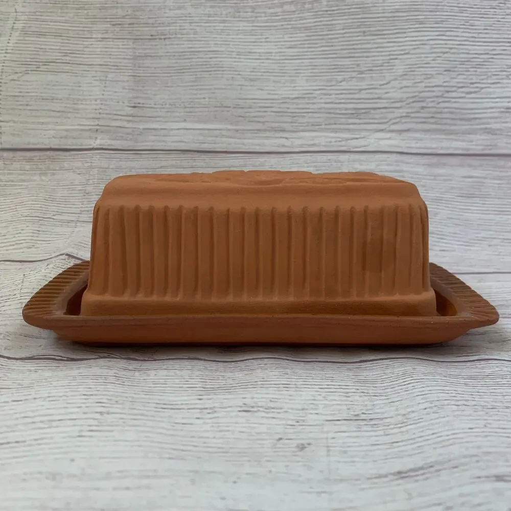 Vintage Terracotta Butter Dish Floral Textured Lid by American Container Co.